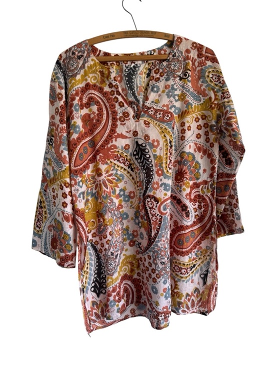 Source Unknown Tops - Lightweight Cotton Block Print Tunic Split Hem V Neck Paisley Print Earth Tones